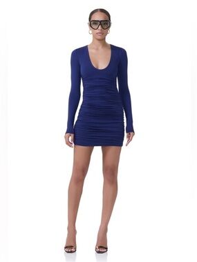 AFRM Navy Blue Long-Sleeve Ruched Scoop-Neck Mini Dress in Blue Size L